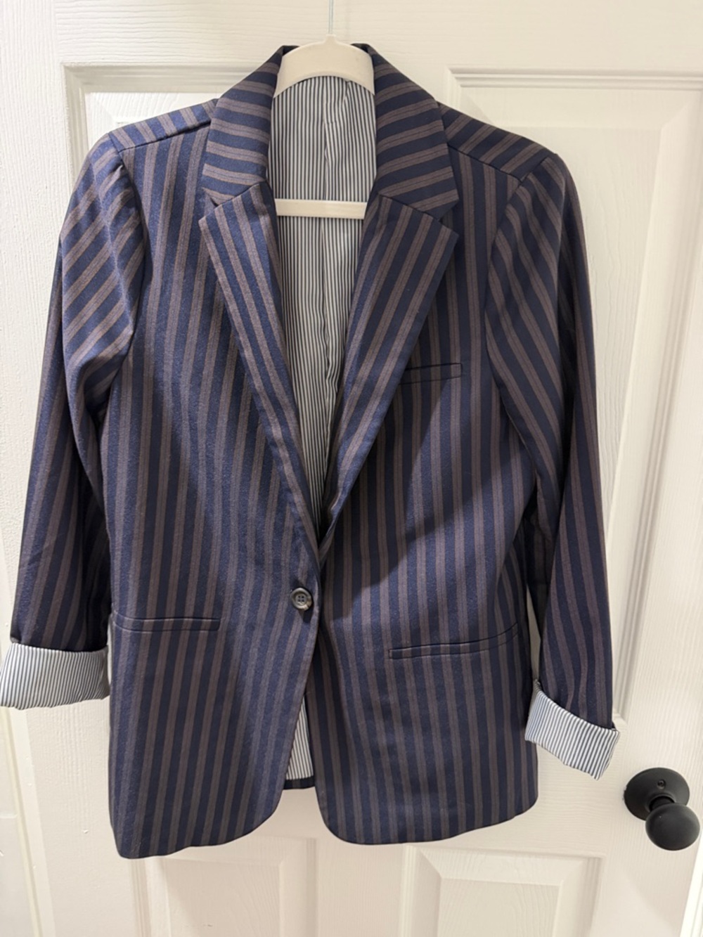 Anthropologie Heartloom Oversized Blazer- Navy with Brown Stripes
